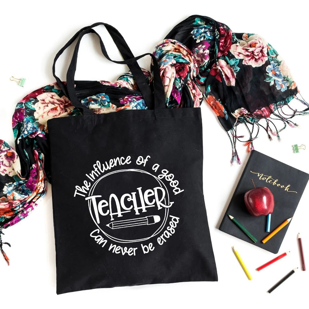 I'm A Teacher What's Your Superpower Teacher Life Canvas Black Shopping Tote Bag Reusable Shoulder Cloth Book Bag Gift Handbag