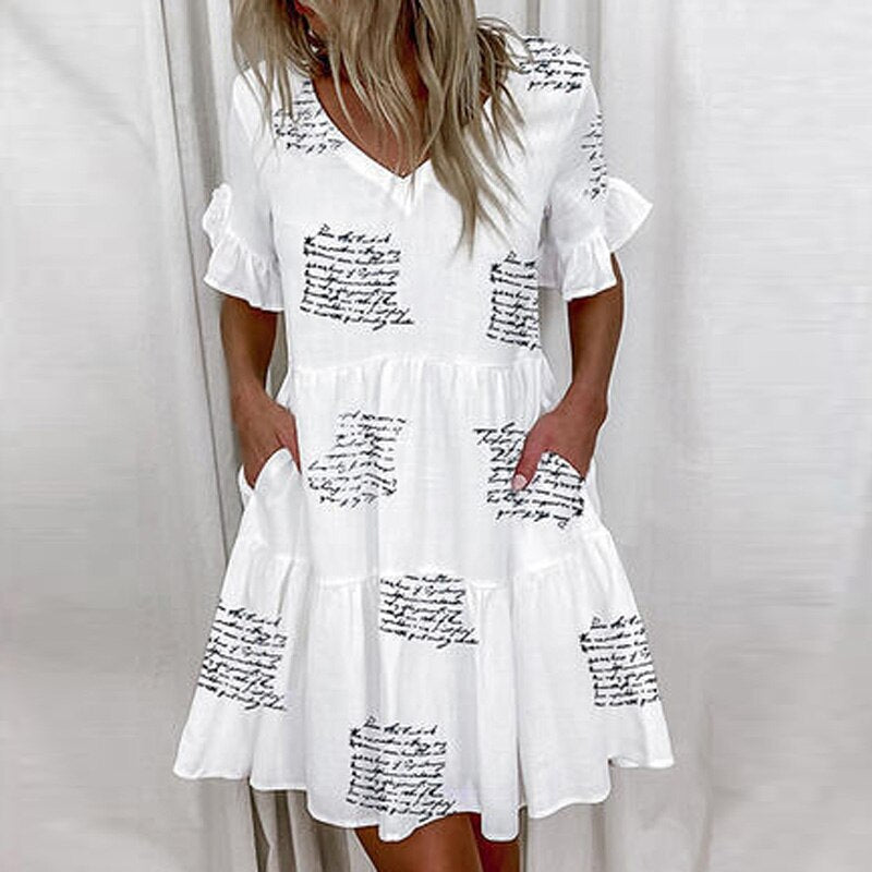 Elegant Floral Print Ruffle Women Mini Dress New Casual Short Sleeve Party Dress Ladies 2023 Summer Sexy V-Neck Dresses Vestidos