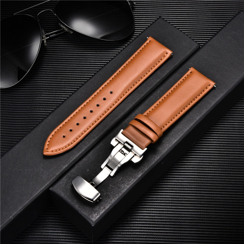 Smooth Genuine Calfskin Leather Watchband 18mm 20mm 22mm 24mm Straps with Solid Automatic Butterfly Buckle Business Watch Band