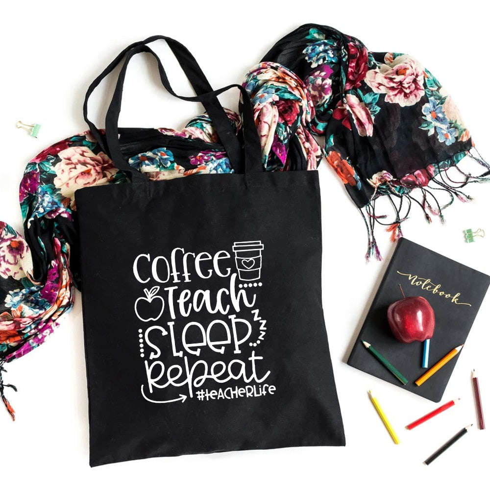 I'm A Teacher What's Your Superpower Teacher Life Canvas Black Shopping Tote Bag Reusable Shoulder Cloth Book Bag Gift Handbag