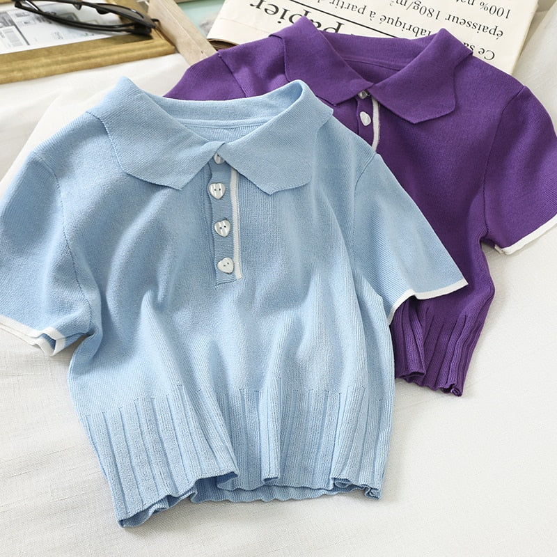 ITOOLIN Summer 2022 Women's Polo Shirts Slim Cute Crop Tops Female Button Up T-shirt Knitted Blouses Femme Short Sleeve Polo Tee