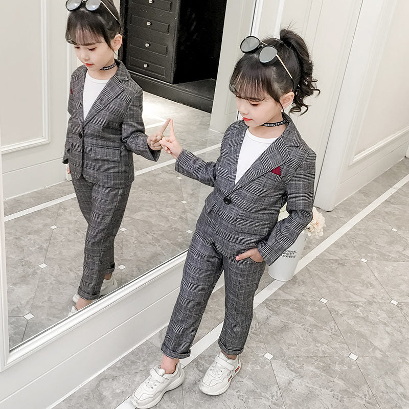 Fashion Wedding Kids Suit for Girls Formal Pant Suits for Teenagers 2PCS Blazer Set Brand Plaid Children Blazer 4 5 7 9 11 13T