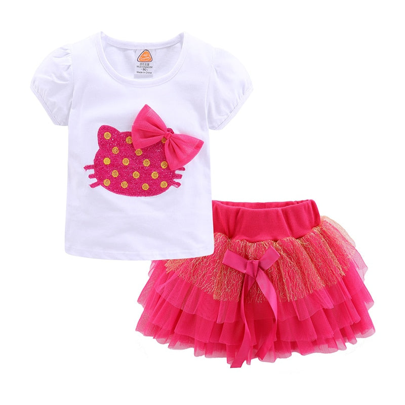 Mudkingdom Cute Summer Girls Outfits Cartoon Cat T-shirt and Tutu Skirt Set for Girl Princess Clothes Suit Children Clothing