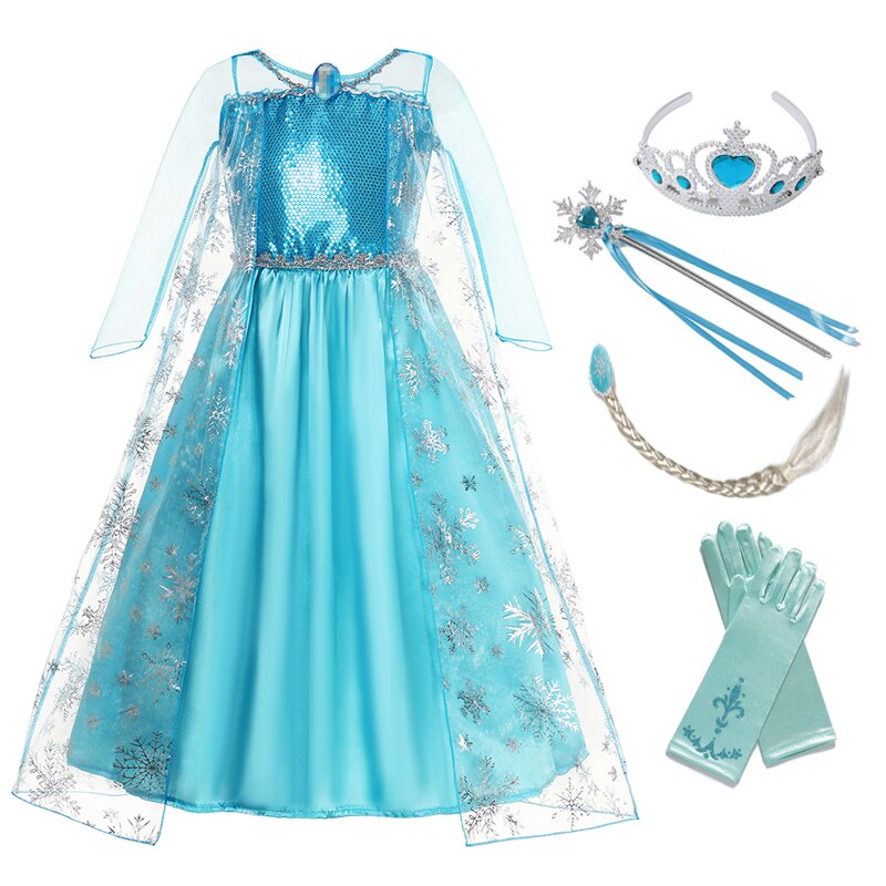 Disney 2022 Snow Queen Elsa Princess Costume Girls Halloween Party Frozen Elsa Dress Up Clothing Kids Sequins Dresses Vestidos