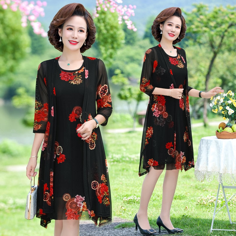 Summer Floral Print 2 piece set dress cardigan women party midi dresses elegant vintage robe femme 5xL