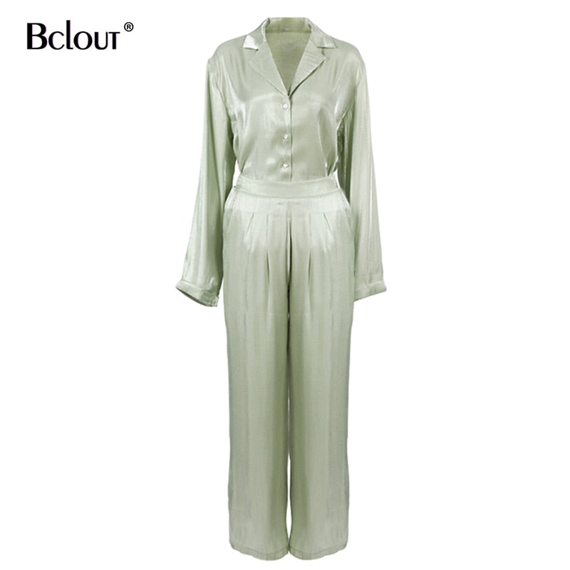 Bclout Green Vintage Two Piece Sets Women Autumn Suits Of Elegant Woman Long Sleeve Top And High Waist Pants 2 Piece Set Female