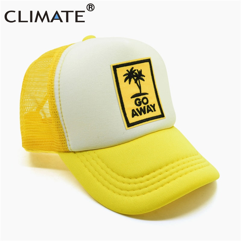 CLIMATE Go Away Trucker Cap Hat Seaside Vacation Caps Sandbeach Coconut Holiday Mesh Cap HipHop Hat for Men Women Youth