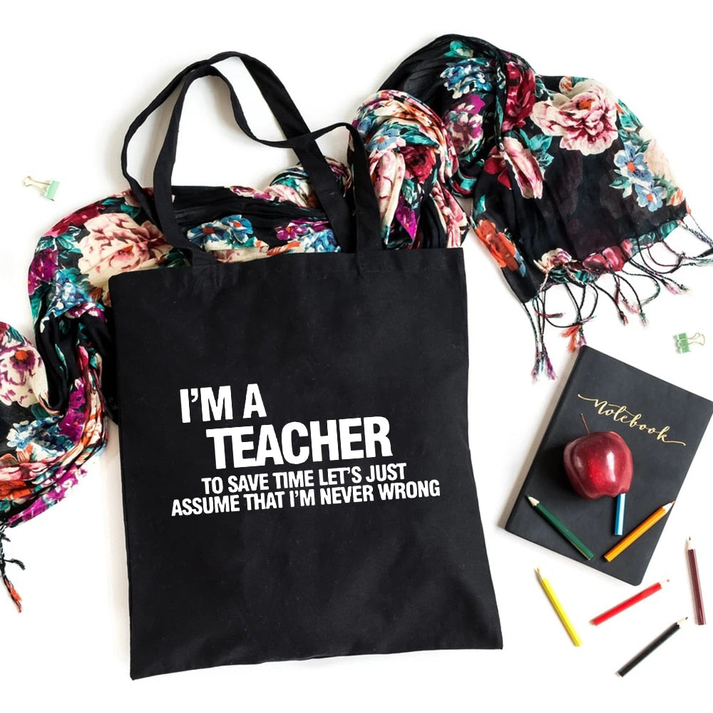 I'm A Teacher What's Your Superpower Teacher Life Canvas Black Shopping Tote Bag Reusable Shoulder Cloth Book Bag Gift Handbag