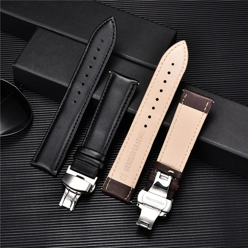 Smooth Genuine Calfskin Leather Watchband 18mm 20mm 22mm 24mm Straps with Solid Automatic Butterfly Buckle Business Watch Band