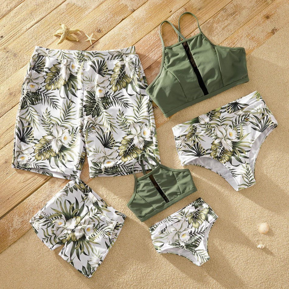 PatPat New Arrival Summer Tankini Palm Leaf Light Green Family Matching Swimsuits Swimwear Suits Children's Clothing