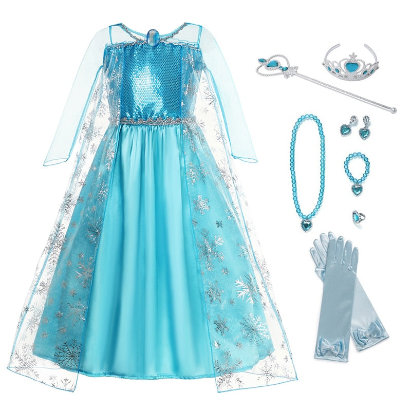Disney 2022 Snow Queen Elsa Princess Costume Girls Halloween Party Frozen Elsa Dress Up Clothing Kids Sequins Dresses Vestidos
