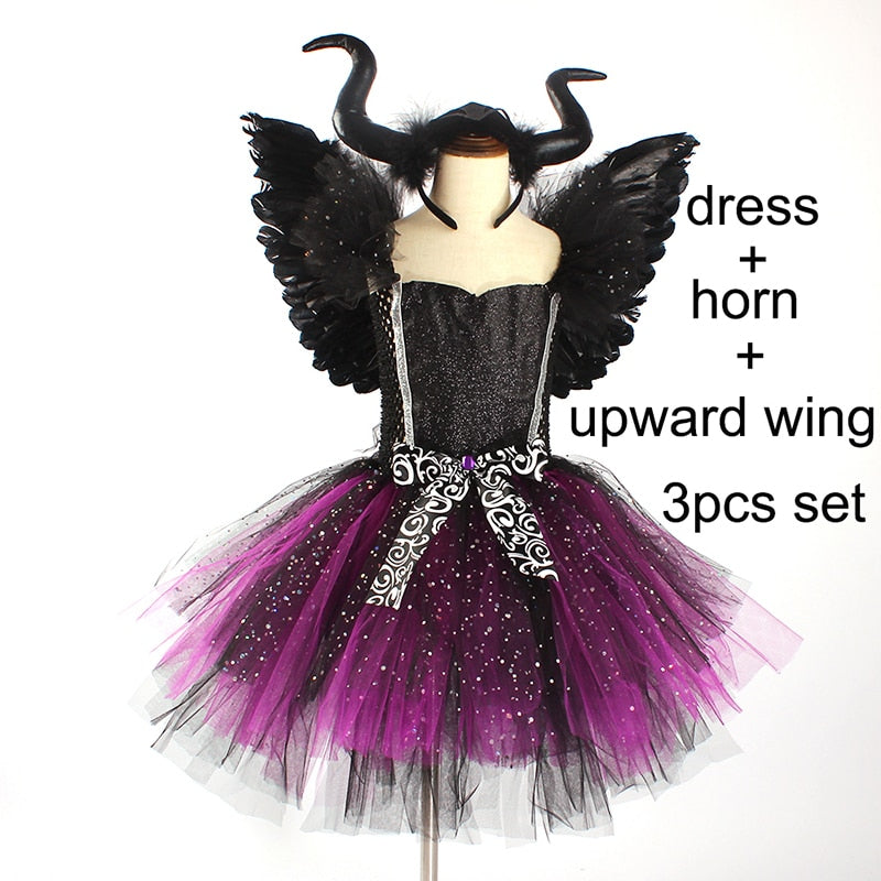 Girls Evil Dark Fairy Witch Tutu Dress with Horns and Wings Sparkly Kids Halloween Cosplay Party Costume Fancy Evil Devil Dress