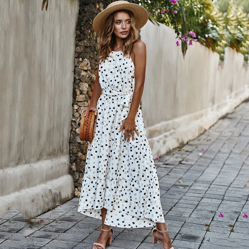 Summer Women Polka-Dot Long Dress Beach Dresses Strapless Casual White Midi Sundress 2022 Red Summer Vacation Clothes For Women