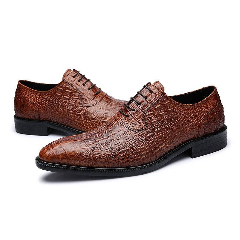 Alligator Style Mens Wedding  Shoes Lace Up Oxford Genuine Leather Crocodile Print Party Business Brown Dress Shoes for Men