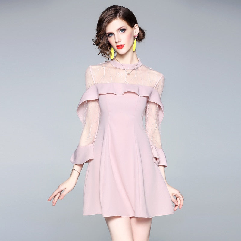 Spring and summer 2020 new women's mesh splicing Ruffle Dress celebrity perspective sheath dresses butterfly sleeve cloth