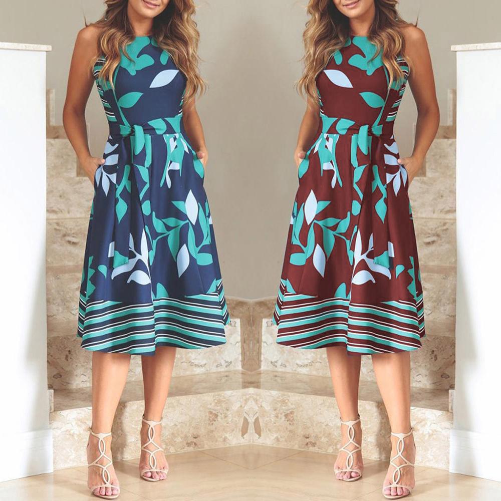 NEDEINS 2020 Women Summer Printed Dress O Neck Sleeveless Boho Sashes A Line Dress Casual Ladies Beach Dress Sexy Robe