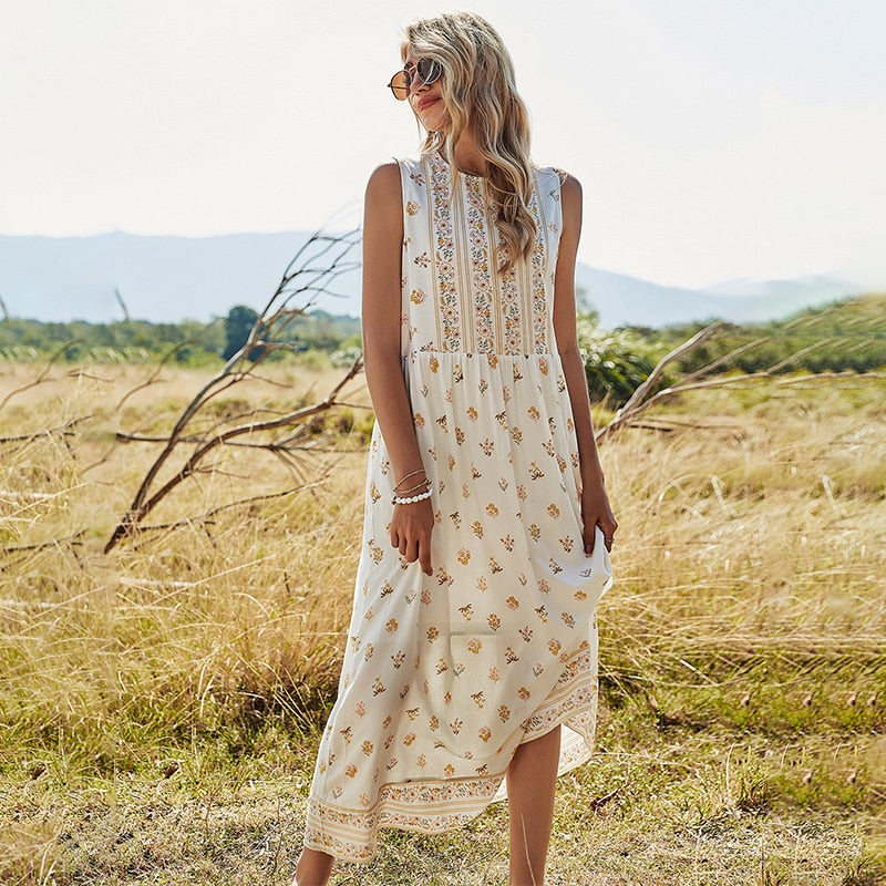 Jastie Sleeveless Summer Women Dress Floral Print O-Neck Boho Long Dresses Hippie Chic Casual Beach Maxi Dress Vestidos 2022