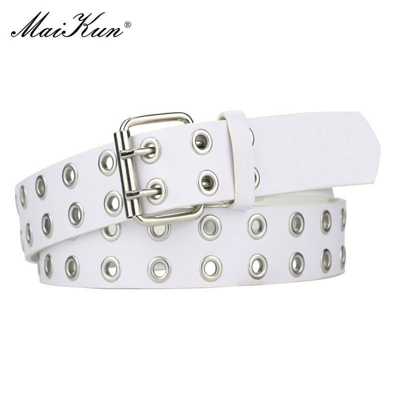 MaiKun Women Punk Goth Belts Brand Leather Women Grunge Belt Halloween Double Pin Buckle Female Belt for Jeans Streetwear