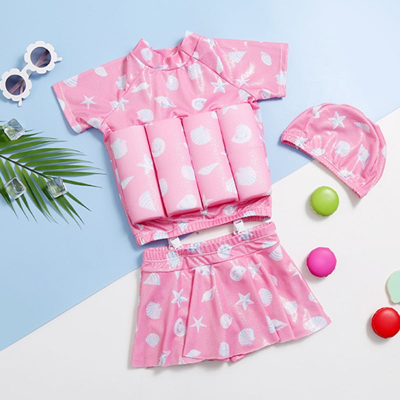 Kids Baby Girl Buoyancy Float Swimsuit With Skitt UV Protection UPF50+ Children Swimwear Baby Learning Swim Dress Bathing Suit