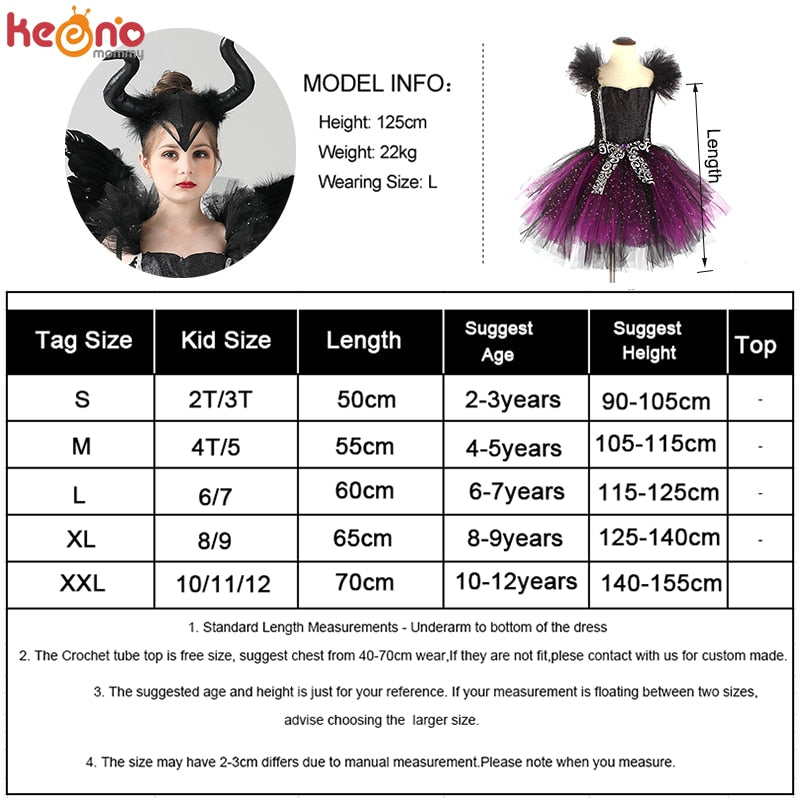 Girls Evil Dark Fairy Witch Tutu Dress with Horns and Wings Sparkly Kids Halloween Cosplay Party Costume Fancy Evil Devil Dress