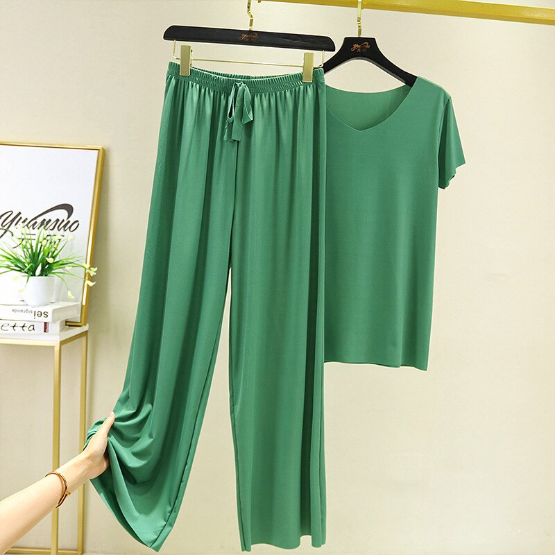 Summer Two Piece Set Women T Shirt and Pants Ice Silk Trouser Suits Loose 2 Piece Sets Womens V Neck T Shirts and Wide Leg Pants