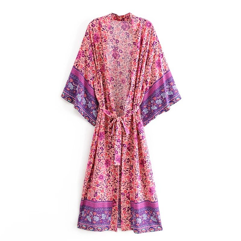 BOHO Location Floral Print Long Kimono Shirt Beige Hippie Women Lacing up Tie Bow Sashes Long Cardigan Loose Blouse Tops Holiday