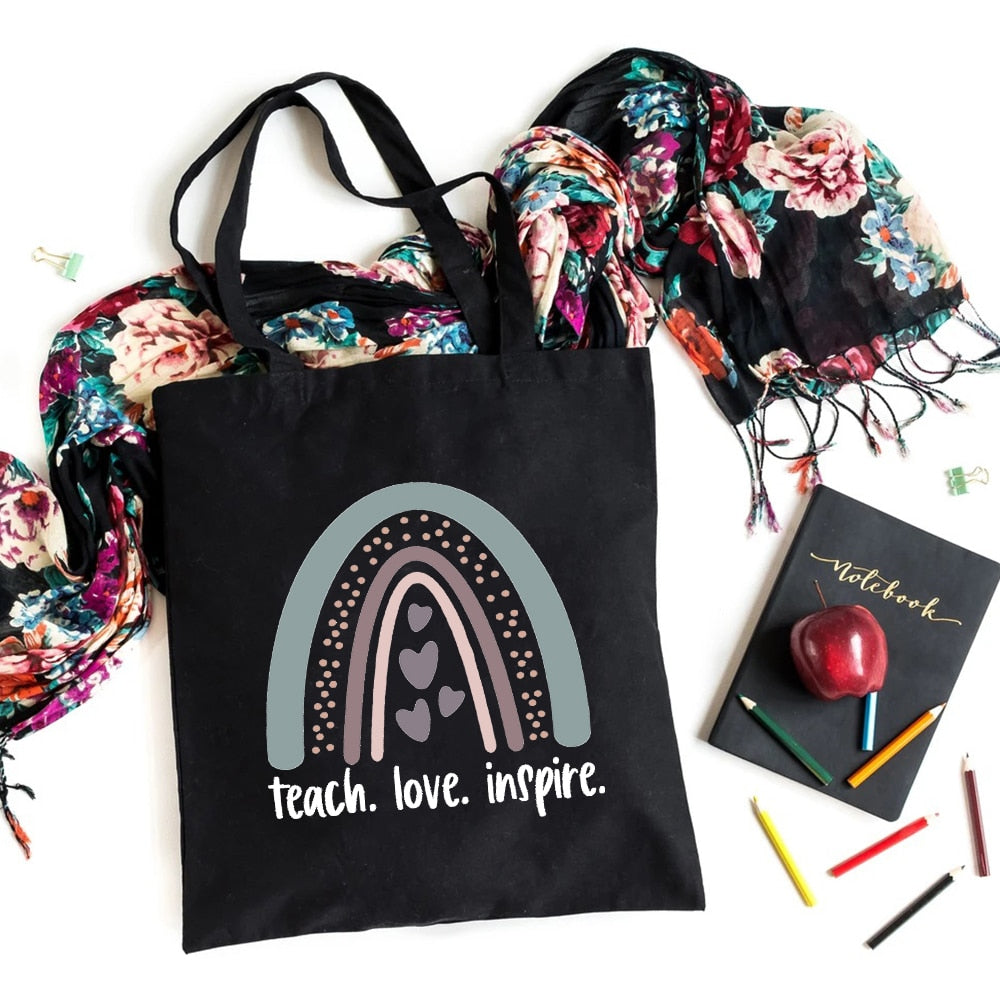 I'm A Teacher What's Your Superpower Teacher Life Canvas Black Shopping Tote Bag Reusable Shoulder Cloth Book Bag Gift Handbag