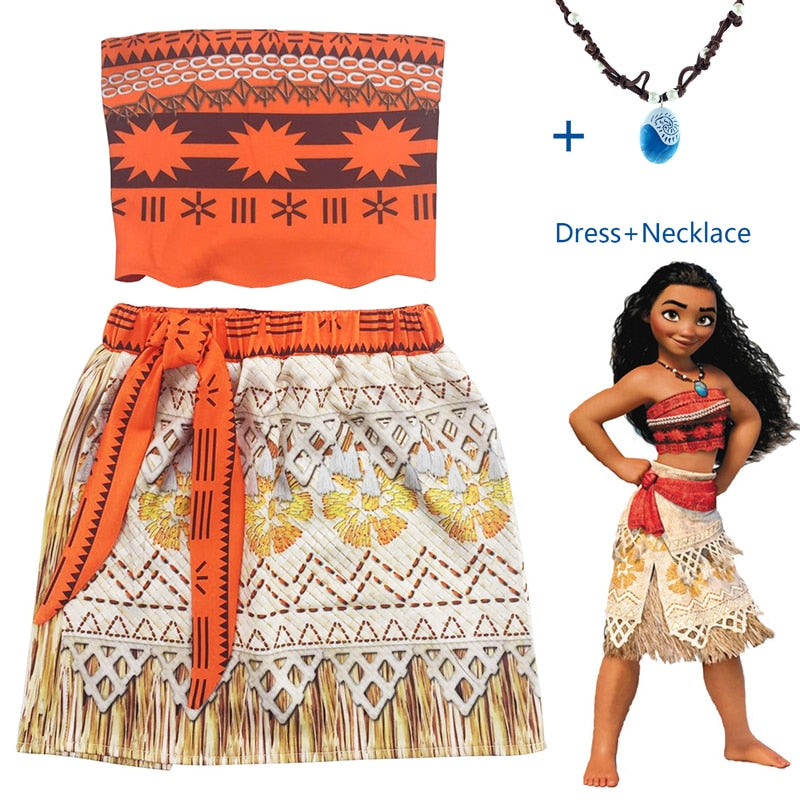 Princess Moana Cosplay Costume for Children Vaiana dress Costume with Necklace for Halloween Costumes for Kids Girls Gifts