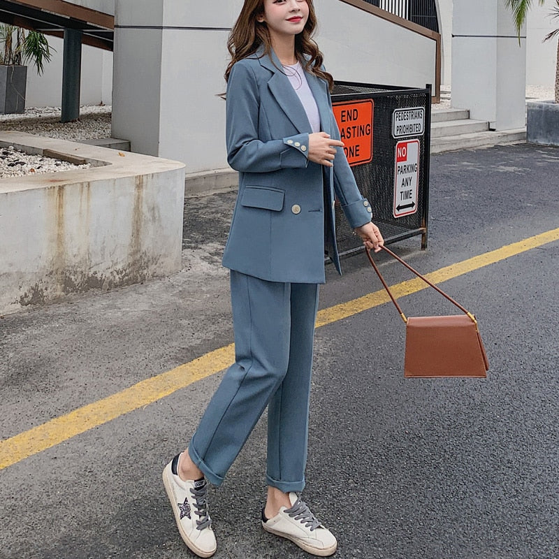 BGTEEVER Fashion Women Blazer Suits Long Sleeve Double- breasted Blazer Pants Suit Office Ladies Two-piece Blazer Sets 2020