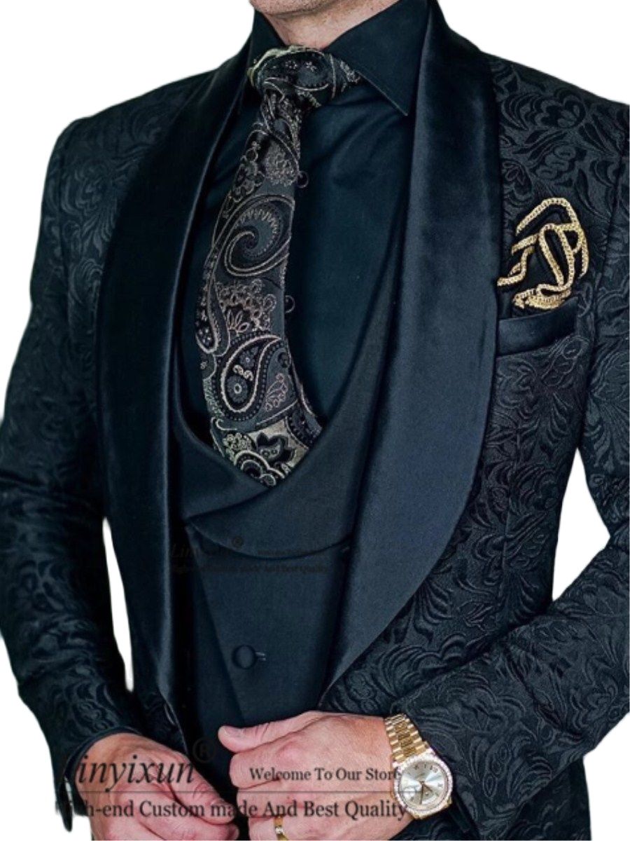 Tailor-Made Burgundy Wedding Men Suits Slim Fit Tuxedo 3 Pieces Suits Groom Prom Jacquard Blazer Terno Masculino Suits