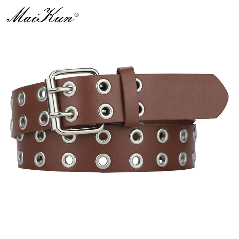 MaiKun Women Punk Goth Belts Brand Leather Women Grunge Belt Halloween Double Pin Buckle Female Belt for Jeans Streetwear