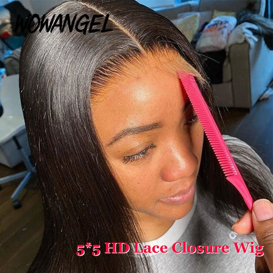 Wow Angel Transparent HD Lace Frontal Wigs Melt Skin 34 Inch Straight Invisible 5X5 Lace Closure Human Hair Wigs Brazilian Hair