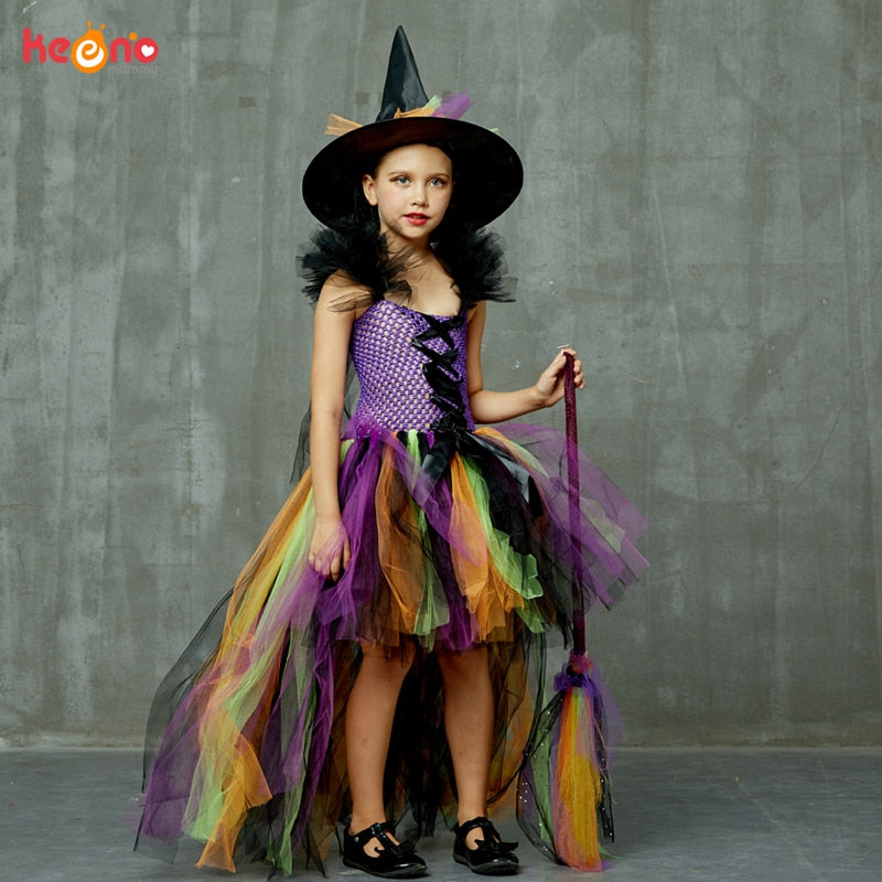 Girls Halloween Witch Tutu Dress Rainbow Trailing Tulle Kids Carnival Cosplay Party Dress Children Fancy Ball Gown Dress Costume