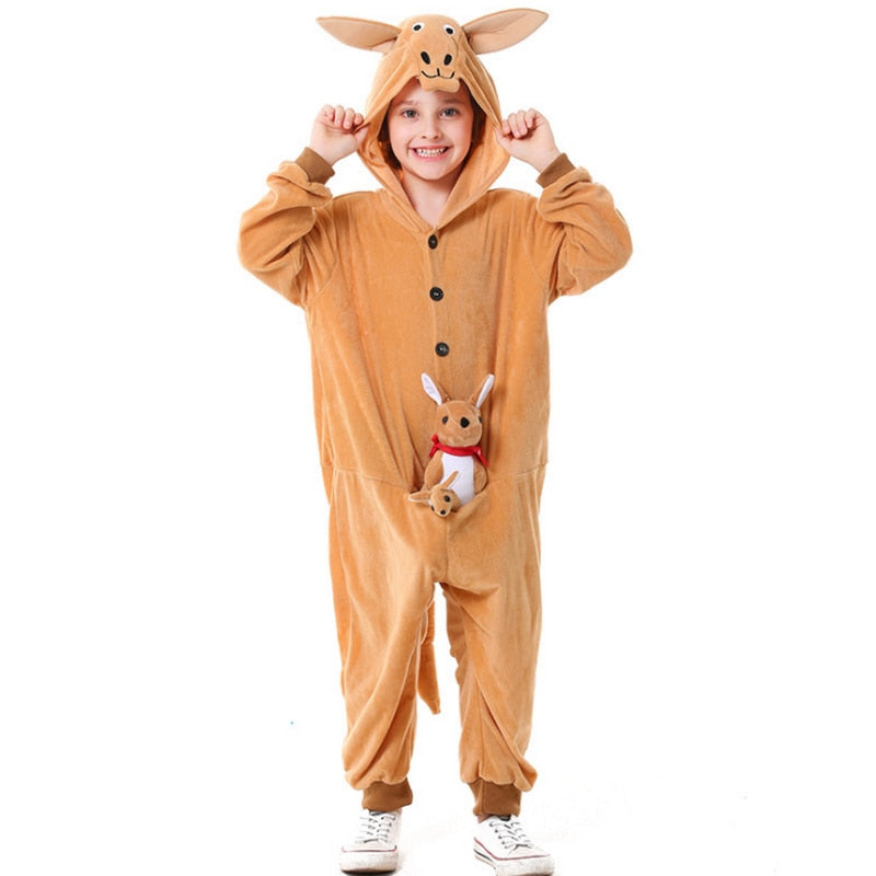 Children Cute Cartoon Jumpsuit Girls Boy Halloween Animal Kangaroo Hooded Costume And Kangaroo Figurine Set