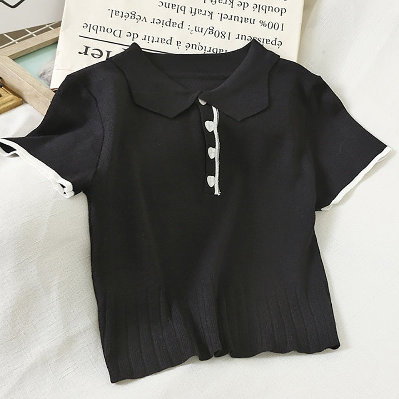 ITOOLIN Summer 2022 Women's Polo Shirts Slim Cute Crop Tops Female Button Up T-shirt Knitted Blouses Femme Short Sleeve Polo Tee