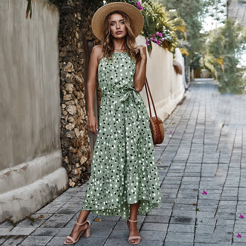 Summer Women Polka-Dot Long Dress Beach Dresses Strapless Casual White Midi Sundress 2022 Red Summer Vacation Clothes For Women