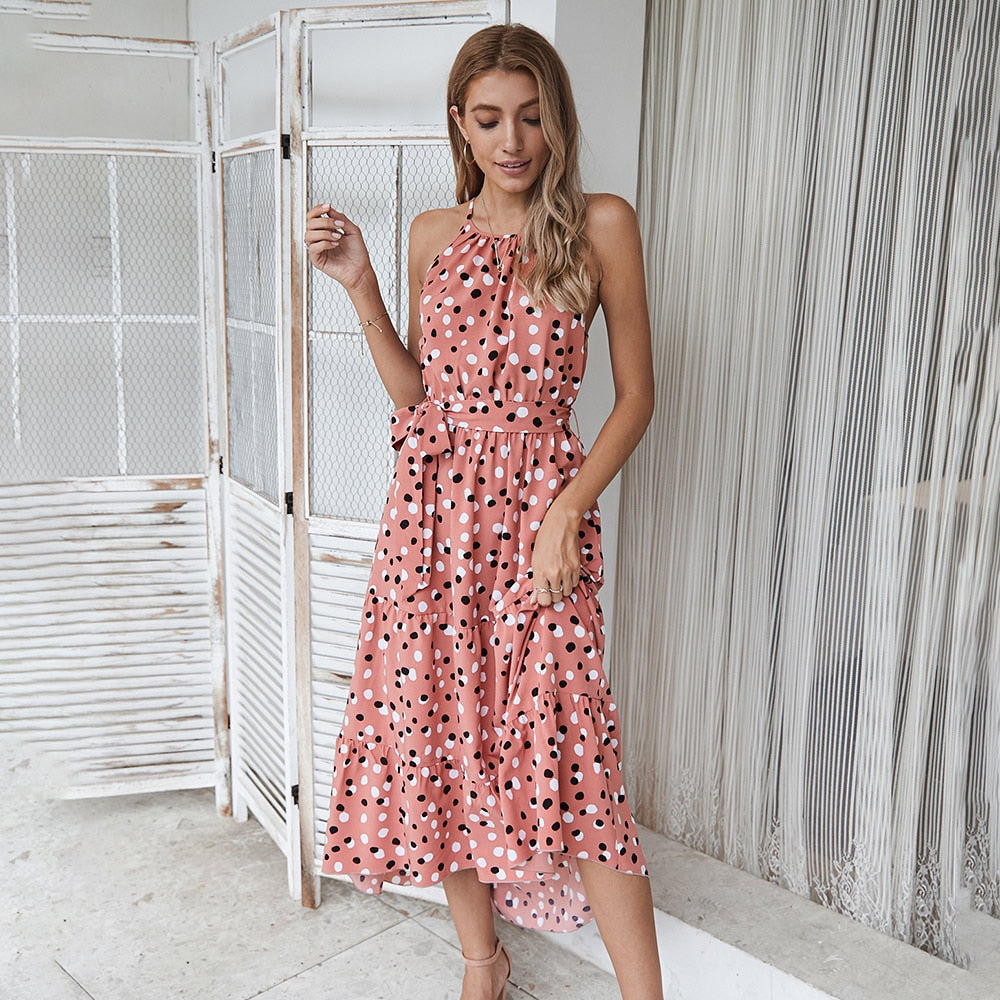 Summer Women Polka-Dot Long Dress Beach Dresses Strapless Casual White Midi Sundress 2022 Red Summer Vacation Clothes For Women