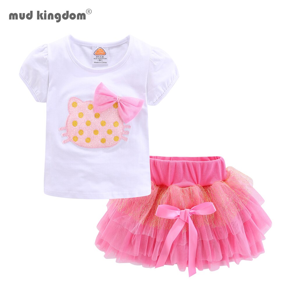 Mudkingdom Cute Summer Girls Outfits Cartoon Cat T-shirt and Tutu Skirt Set for Girl Princess Clothes Suit Children Clothing