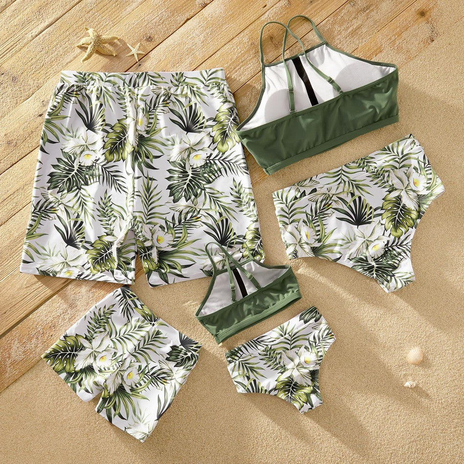 PatPat New Arrival Summer Tankini Palm Leaf Light Green Family Matching Swimsuits Swimwear Suits Children's Clothing