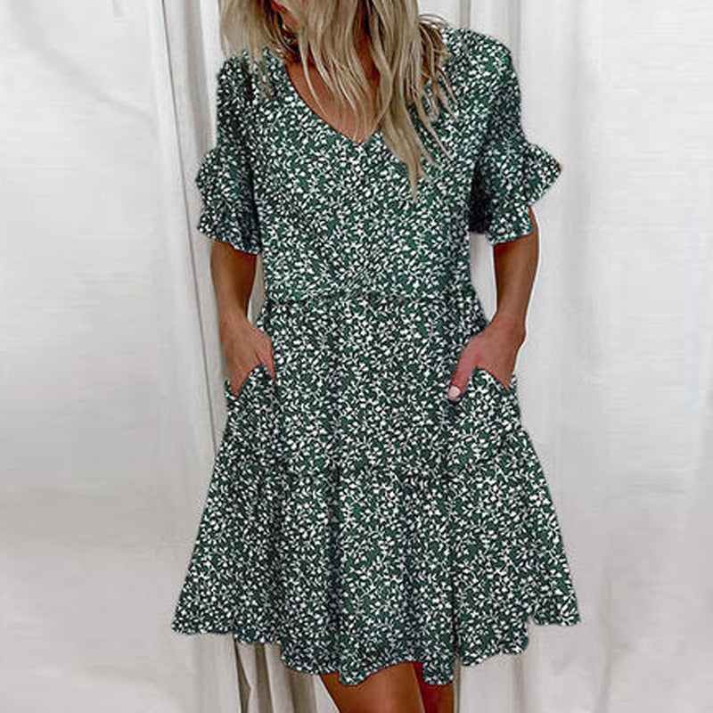 Elegant Floral Print Ruffle Women Mini Dress New Casual Short Sleeve Party Dress Ladies 2023 Summer Sexy V-Neck Dresses Vestidos