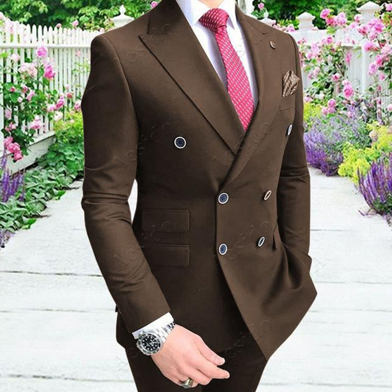 Double Breasted Slim Fit Men Suits for Groomsmen 2 Piece Wedding Tuxedo with Peaked Lapel Gray Male Fashion Costume Jacket Pants