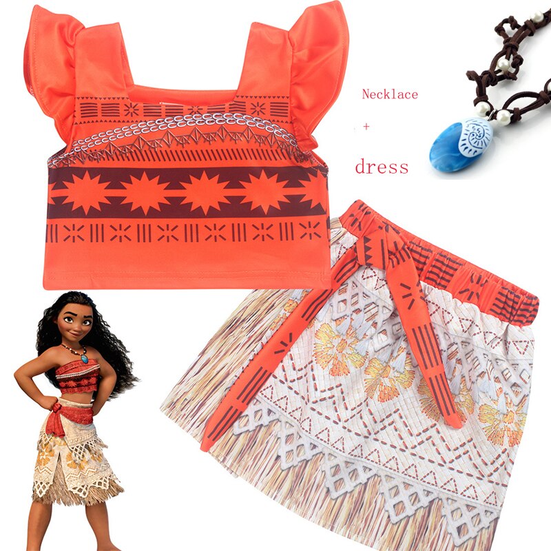 Princess Moana Cosplay Costume for Children Vaiana dress Costume with Necklace for Halloween Costumes for Kids Girls Gifts