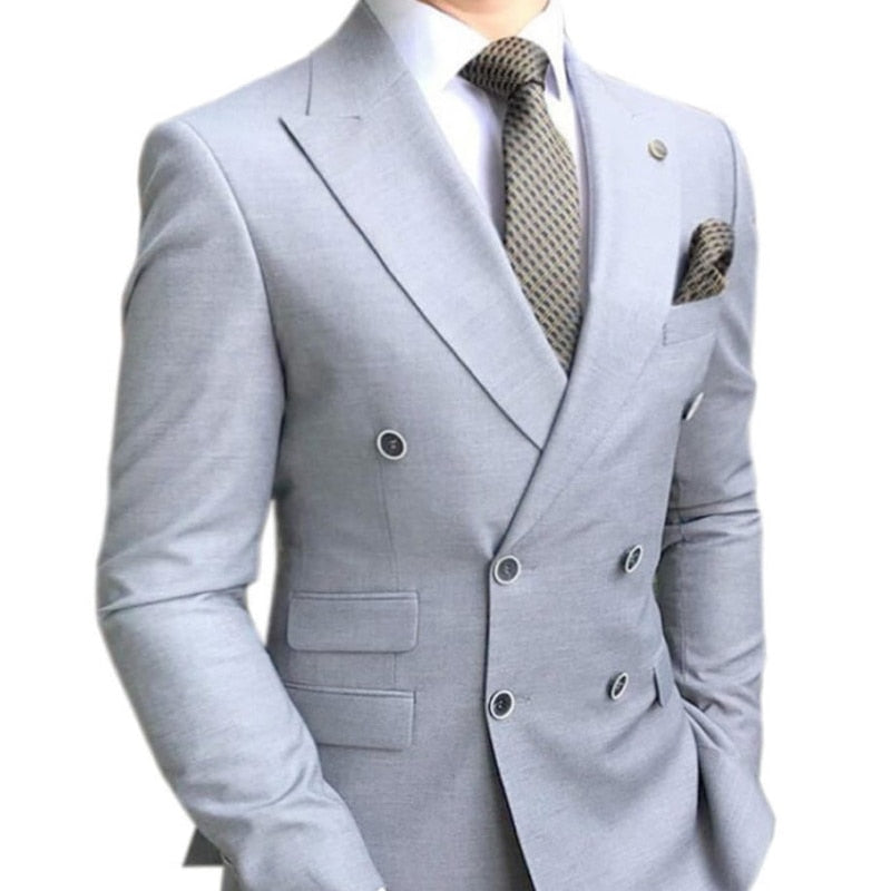 Double Breasted Slim Fit Men Suits for Groomsmen 2 Piece Wedding Tuxedo with Peaked Lapel Gray Male Fashion Costume Jacket Pants