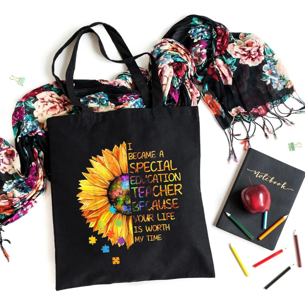 I'm A Teacher What's Your Superpower Teacher Life Canvas Black Shopping Tote Bag Reusable Shoulder Cloth Book Bag Gift Handbag