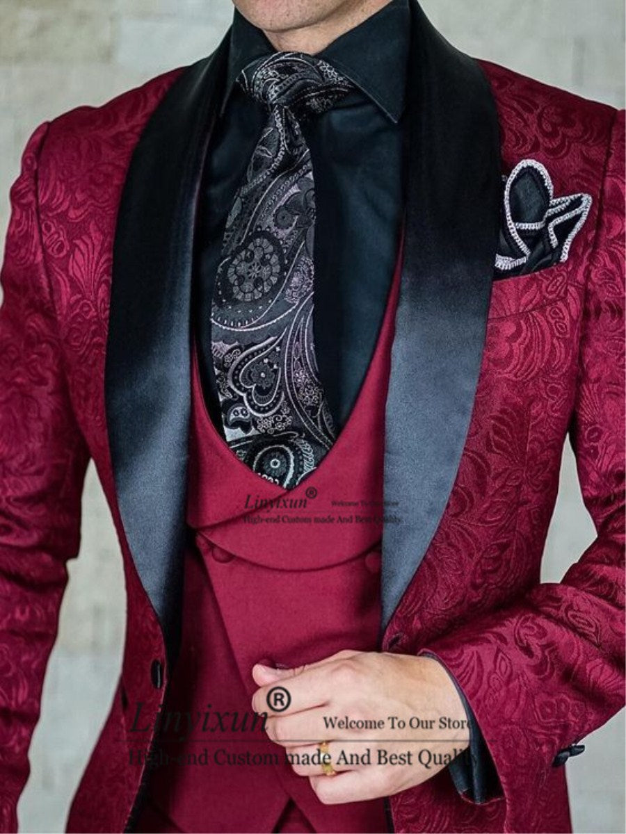 Tailor-Made Burgundy Wedding Men Suits Slim Fit Tuxedo 3 Pieces Suits Groom Prom Jacquard Blazer Terno Masculino Suits