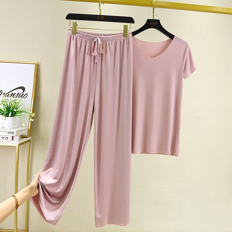 Summer Two Piece Set Women T Shirt and Pants Ice Silk Trouser Suits Loose 2 Piece Sets Womens V Neck T Shirts and Wide Leg Pants