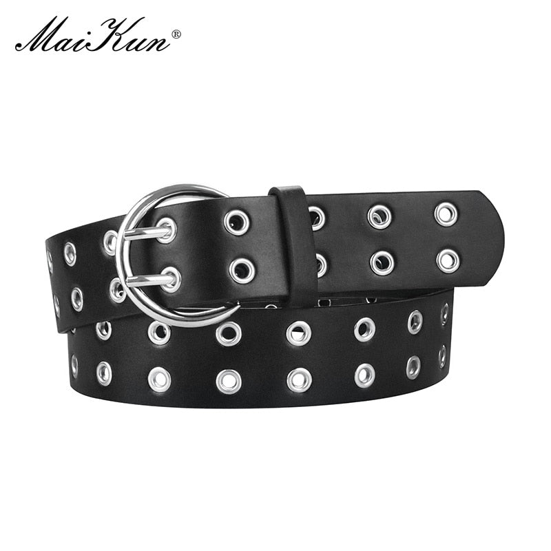 MaiKun Women Punk Goth Belts Brand Leather Women Grunge Belt Halloween Double Pin Buckle Female Belt for Jeans Streetwear