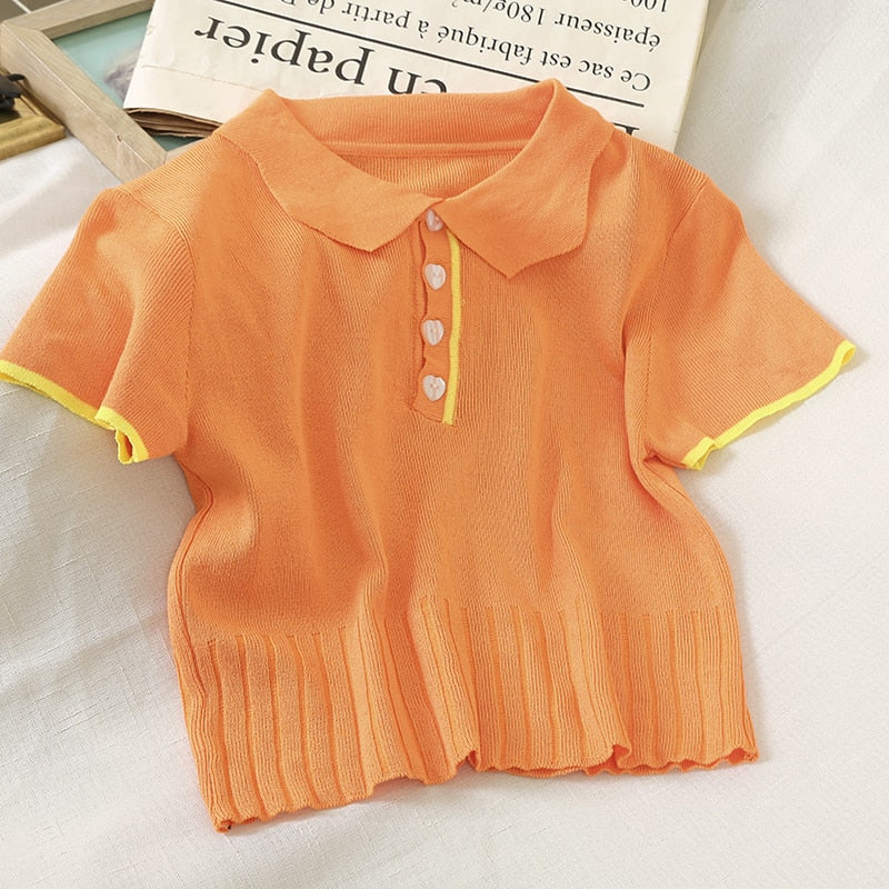 ITOOLIN Summer 2022 Women's Polo Shirts Slim Cute Crop Tops Female Button Up T-shirt Knitted Blouses Femme Short Sleeve Polo Tee