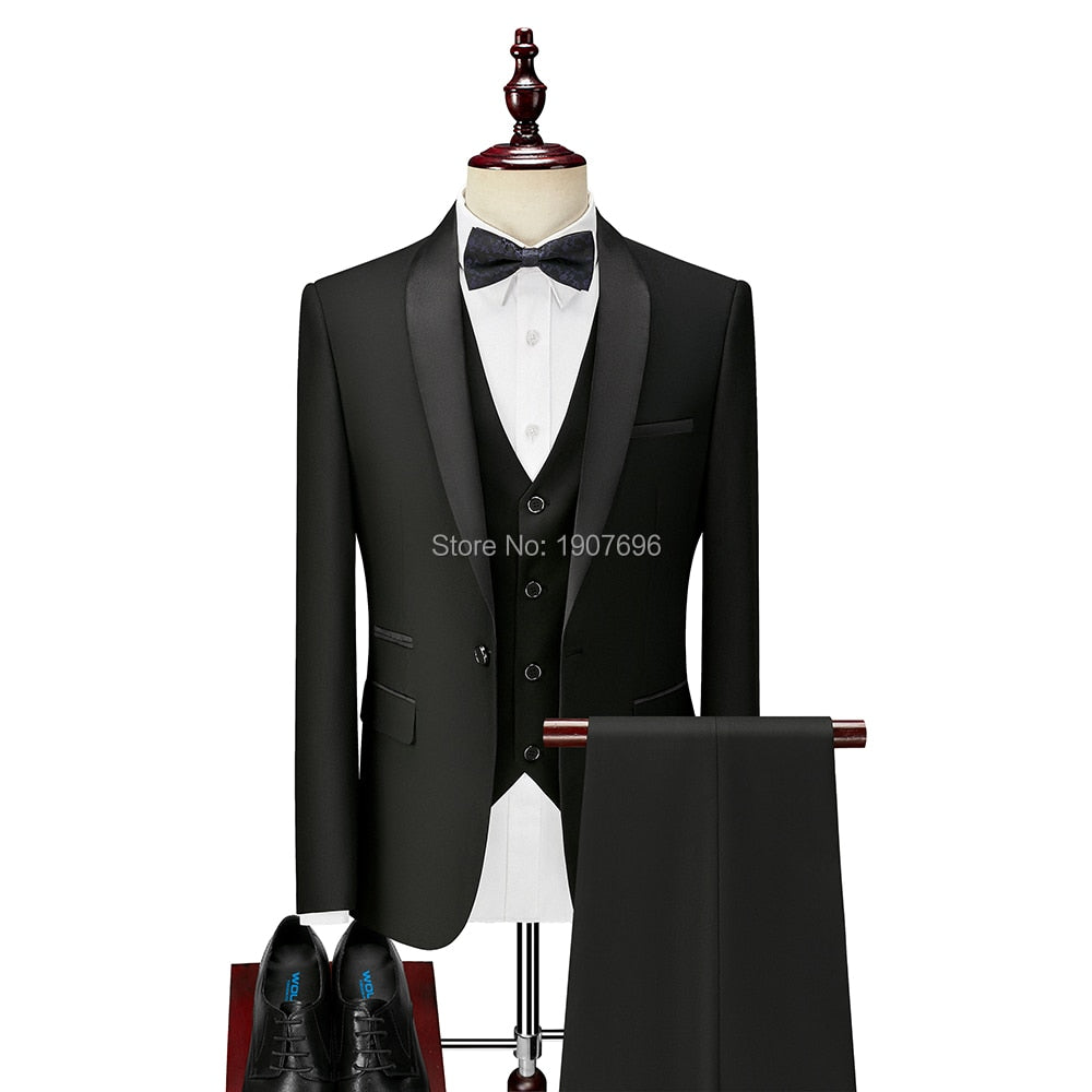 3 Piece Boyfriend Men Suits for Slim Fit Wedding Tuxedos Black Formal Groom Jacket Pants Vest Ready in Stock