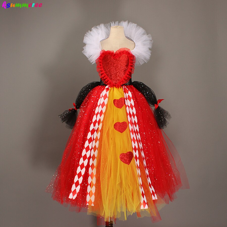 Girl Queen of Hearts Costume Wonderland Fairy Tale Fancy Dress Sparkly Kids Evil Red Queen Tutu Dress Halloween Villain Clothes